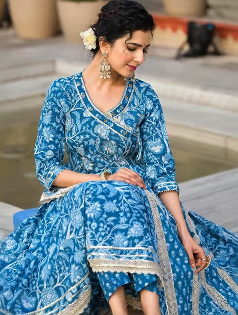Blue Cotton Printed Kurta Pant Set with Dupatta