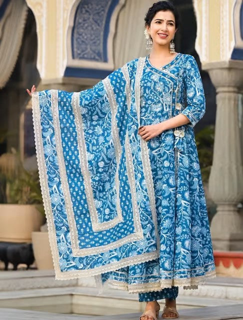 Blue Cotton Printed Kurta Pant Set with Dupatta
