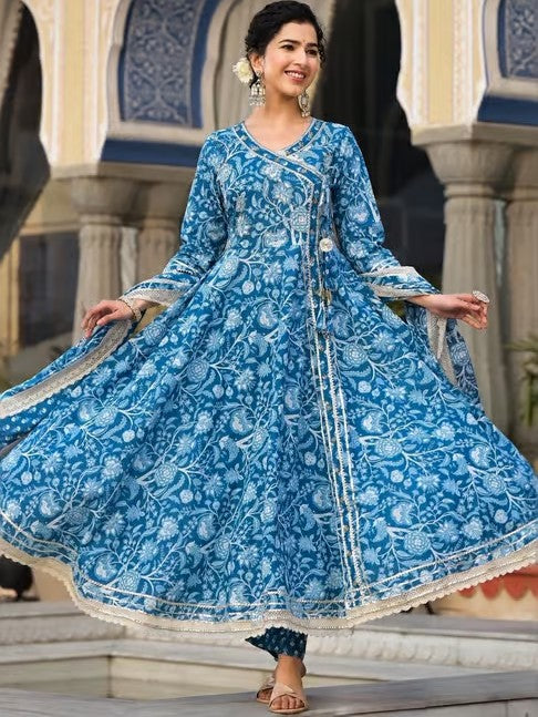 Blue Cotton Printed Kurta Pant Set with Dupatta